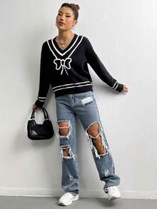 SHEIN Unity 蝴蝶結圖案落肩毛衣 - 黑色 - 查看 6