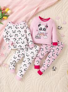 Baby Girl 2pcs Panda & Letter Graphic Contrast Trim Snug Fit PJ Set - Pink - View 1
