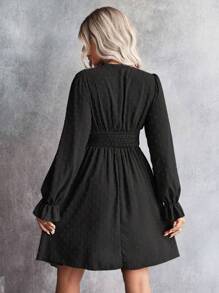 SHEIN Clasi Swiss Dot Flare Sleeve Ruched Waist Dress - Hitam - View 2