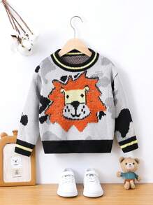 Young Boy Cartoon Pattern Striped Trim Sweater - Multicolor - View 1