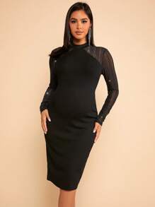 SHEIN 孕婦小高領網紗拼接緊身洋裝 - 黑色 - 查看 3