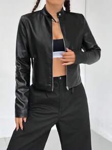 Muchica Slogan Graphic Zip Up PU Leather Jacket - Black - View 4