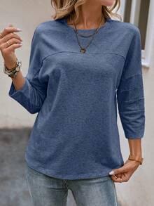 SHEIN LUNE Chất rắn Áo thun Thả vai - Màu xanh lam - Xem 4