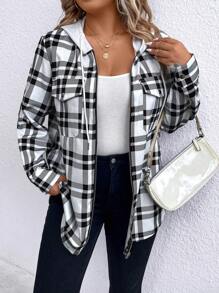 SHEIN LUNE Plus Plaid Print Zip Up Drawstring Hooded Coat - Black and White - View 1