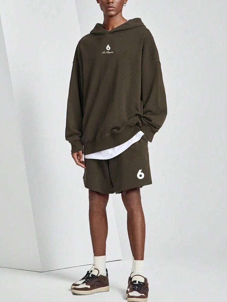 Men Plus Letter Graphic Drop Shoulder Hoodie & Shorts