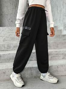 SHEIN Tween Girl Letter Graphic Flap Pocket Side Drawstring Waist Sweatpants - Black - View 1