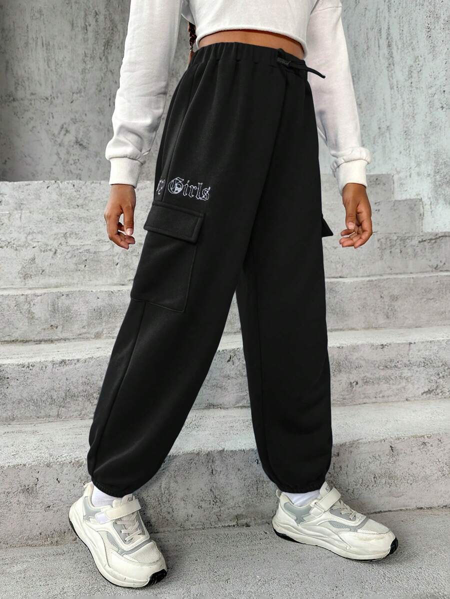 SHEIN Tween Girl Letter Graphic Flap Pocket Side Drawstring Waist Sweatpants - Black - View 1