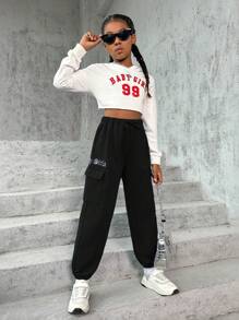 SHEIN Tween Girl Letter Graphic Flap Pocket Side Drawstring Waist Sweatpants - Black - View 4