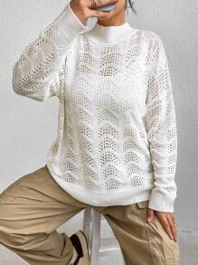 Flirla 加大码高领镂空针织落肩套头毛衣秋冬毛衣 - 白色 - 查看 5