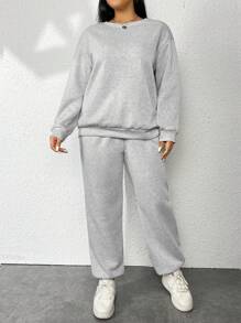 Flirla Plus Drop Shoulder Sweatshirt & Sweatpants - Light Grey - View 5
