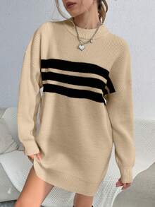 SHEIN Unity Mẫu sọc Thả vai Đầm Áo len - Màu Khaki - Xem 6