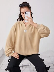 SHEIN Teen Girls Letter Patched Drop Shoulder Sweatshirt - Khaki - View 1