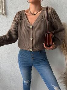 SHEIN كارديجان منسوج بفتحات صغيرة منخفض الاكتاف - كاكي - مشاهدة 4