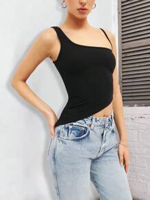 SHEIN EZwear Chất rắn Viền không đối xứng Áo - màu đen - Xem 1