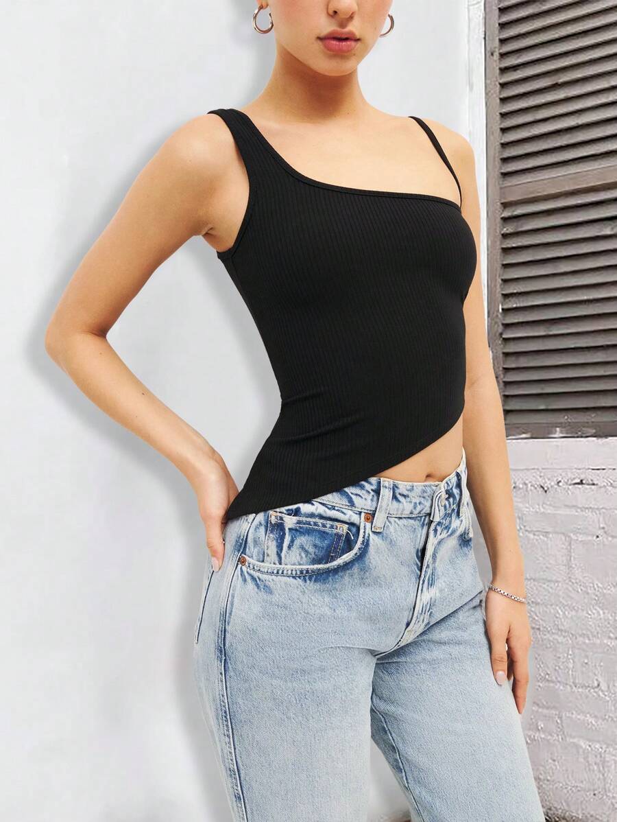 SHEIN EZwear Chất rắn Viền không đối xứng Áo - màu đen - Xem 1