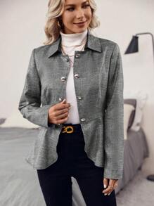 SHEIN Clasi 人字形圖案荷葉邊下擺鈕扣前荷葉邊下擺閃光外套 - 灰色 - 查看 3