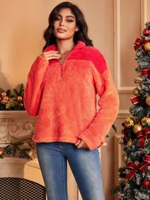 SHEIN Essnce Two Tone Half Zip Drop Shoulder Teddy Sweatshirt - Multicolor - View 1