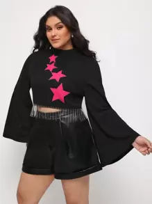 Talisha White Designer Plus Star Print Fringe Hem Tee, Graphic Tees, For Holiday, Vacation, Spring, Festival, Ibiza Fits - Black - View 1