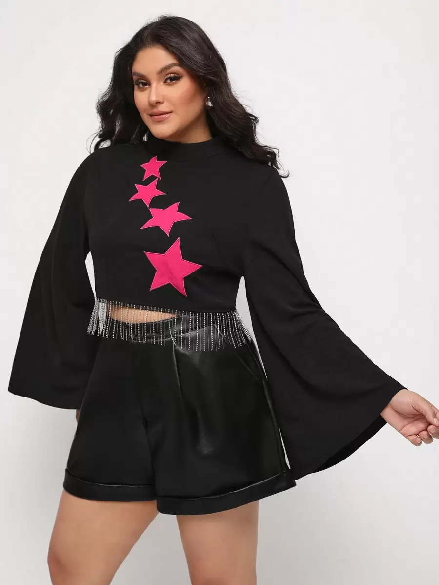 Talisha White Designer Plus Star Print Fringe Hem Tee, Graphic Tees, For Holiday, Vacation, Spring, Festival, Ibiza Fits - Black - View 1