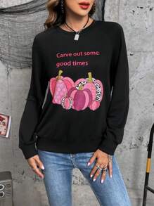 SHEIN LUNE Sudadera con estampado de halloween de manga raglán - Negro - Ver 5