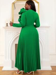 Floral Ruffle Hem Fitted Long Sleeve Christmas Green Midi Dress - Green - View 2