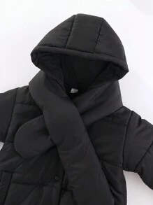 SHEIN 年轻女孩纯色连帽棉服外套（配围巾） - 黑色 - 查看 4