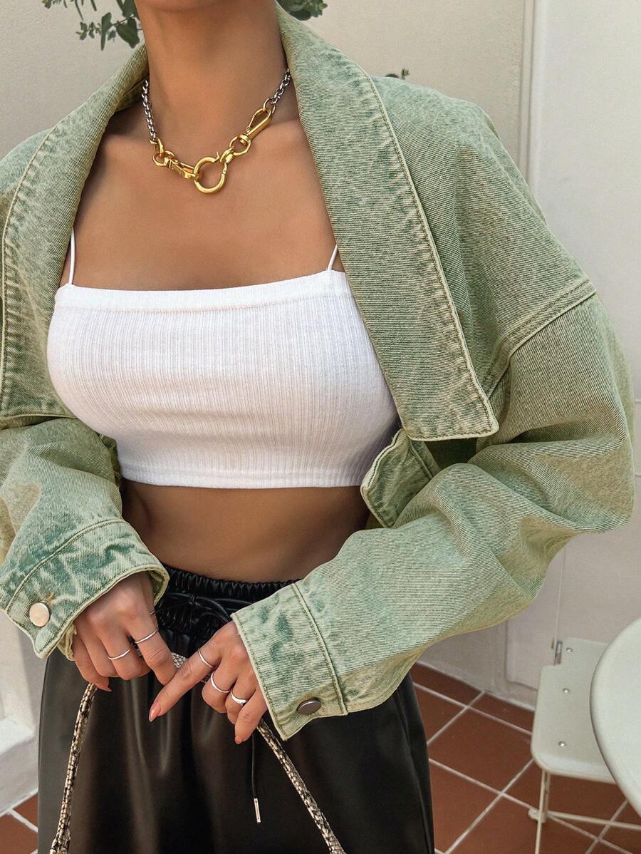 DAZY Drop Shoulder Asymmetrical Hem Denim Jacket,Fall Clothes - Army Green - View 1