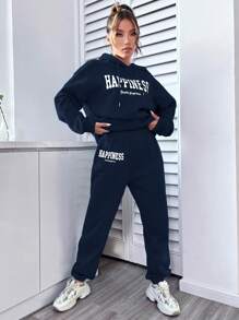 SHEIN Unity Letter Graphic Kangaroo Pocket Drawstring Hoodie & Joggers - Navy Blue - View 3