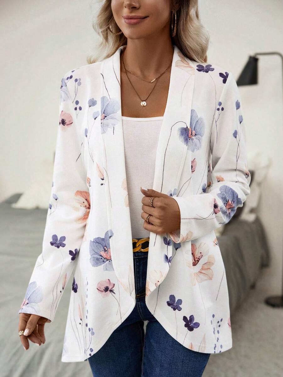 SHEIN Clasi Áo khoác mở phía trước in hoa - trắng - Xem 1