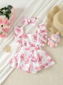 Girls Baby Butterfly Print Ruffle Trim Combo Bodysuit Dress & Headband - Multicolor - View 1