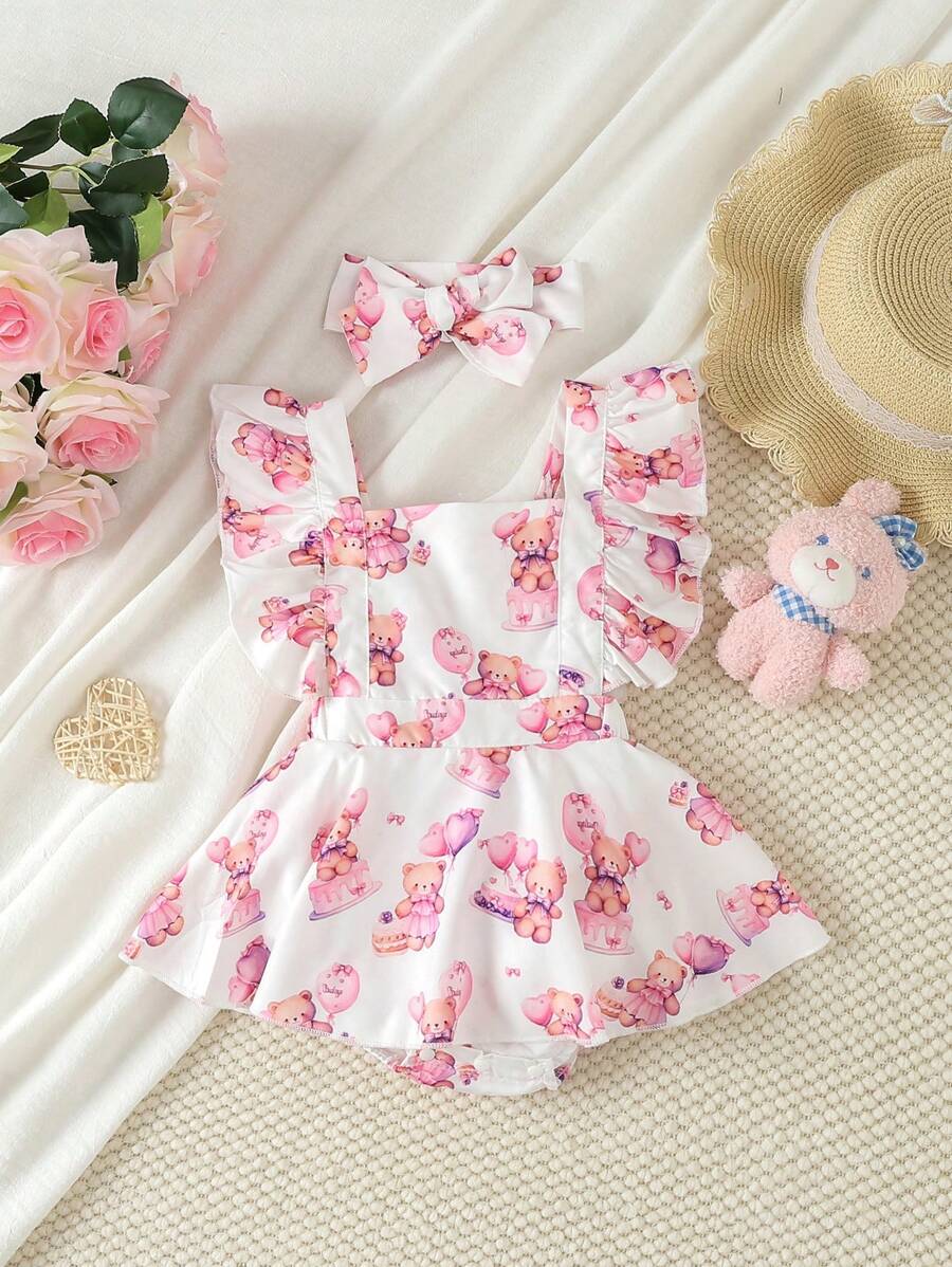 Girls Baby Butterfly Print Ruffle Trim Combo Bodysuit Dress & Headband - Multicolor - View 1