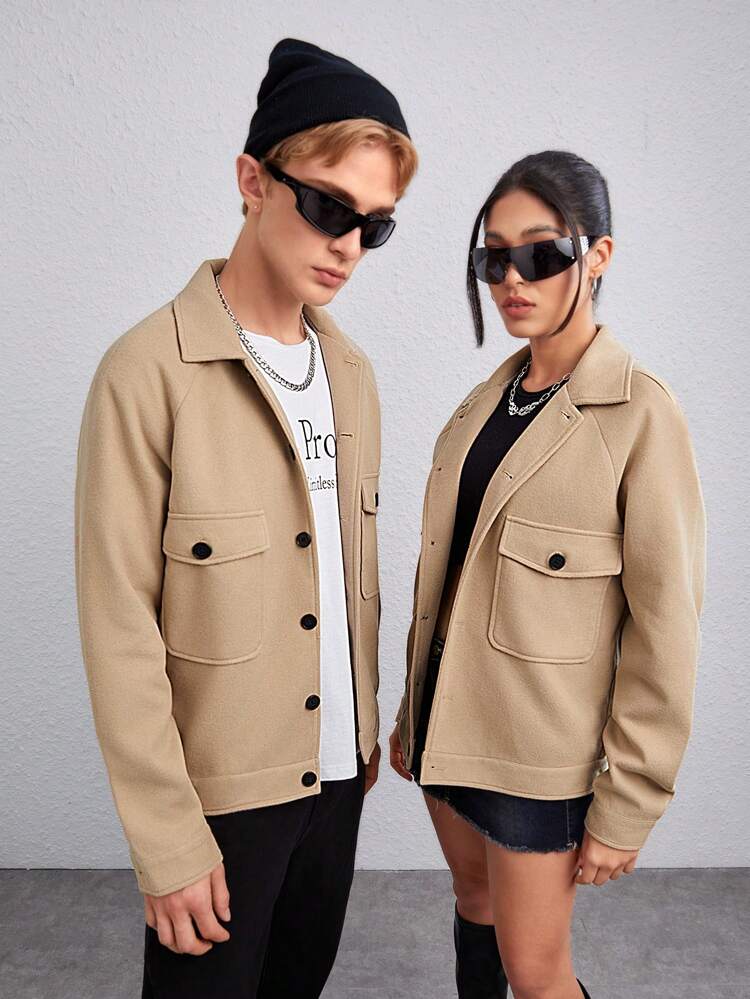 1pc Loose Fit Men's Flap Pocket Raglan Sleeve Overcoat, For Fall Winter