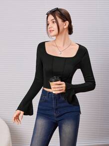 SHEIN 青少年女孩方領喇叭袖短款T恤 - 黑色 - 查看 4