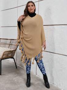 SHEIN LUNE 加流蘇下擺蝙蝠翼袖針織斗篷 - 摩卡棕 - 查看 1