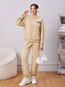 SHEIN 青少年女孩標語圖案落肩袖連帽衫和運動褲 - 卡其色 - 查看 6