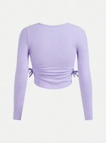 SHEIN Chica adolescente Camiseta con estampado de letra y cordón lateral - Púrpura malva - Ver 2