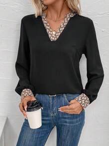 SHEIN LUNE Đường viền cổ có rãnh Tay áo lồng đèn Áo sơ mi - màu đen - Xem 3