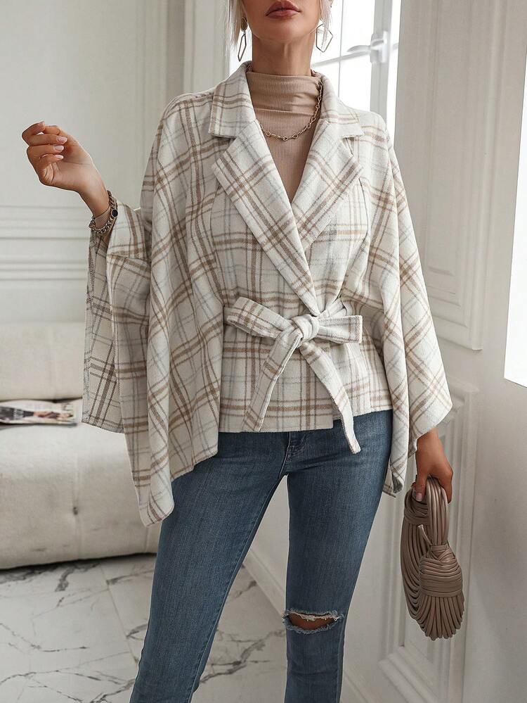 Plaid Print Batwing Sleeve Belted Cape Overcoat Fall Cloth For Women