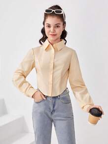 SHEIN Teen Girl Solid Button Front Shirt - Apricot - View 5