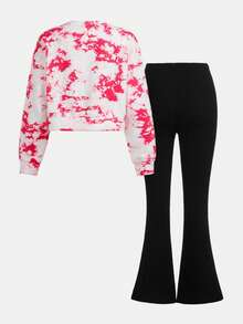 SHEIN 青少年女孩愛心圖案紮染運動衫和喇叭褲 - 玫紅色 - 查看 3