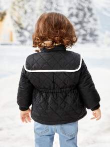 SHEIN Baby Girl Contrast Binding Zipper Wave Quilted Coat - Black - View 2