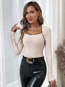SHEIN Clasi Scallop Trim Ribbed Knit Tee