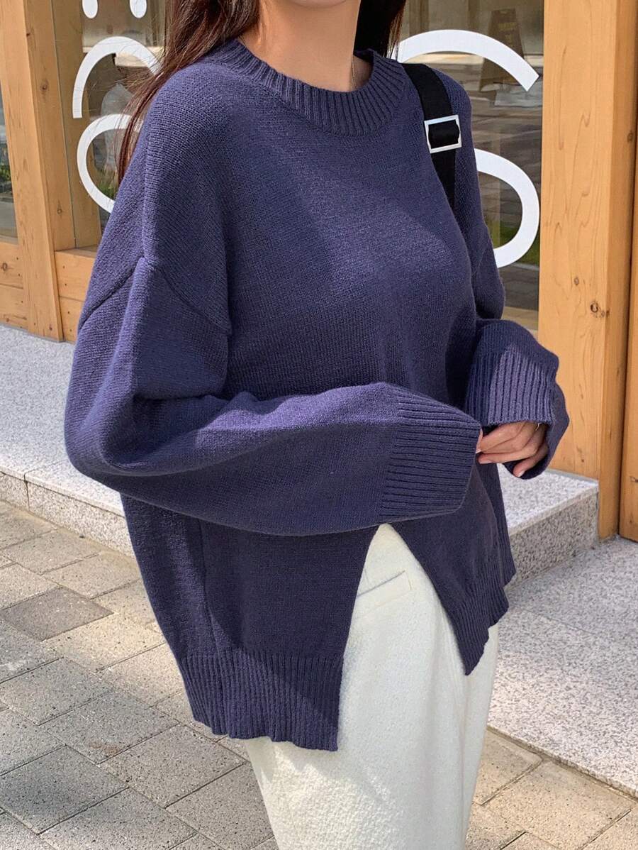 DAZY 素色落肩袖下擺開叉套頭毛衣 - 藏蓝色 - 查看 1