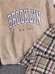 SHEIN 女大童字母刺繡法蘭絨運動衫和格子長褲 - 杏色 - 查看 3