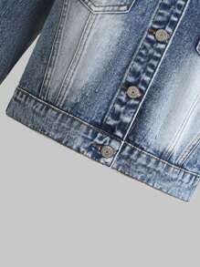 Teen Girl Bleach Wash Ripped Frayed Denim Jacket - Dark Wash - View 4