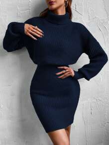 SHEIN Frenchy 高領落肩袖毛衣洋裝 - 藏蓝色 - 查看 1