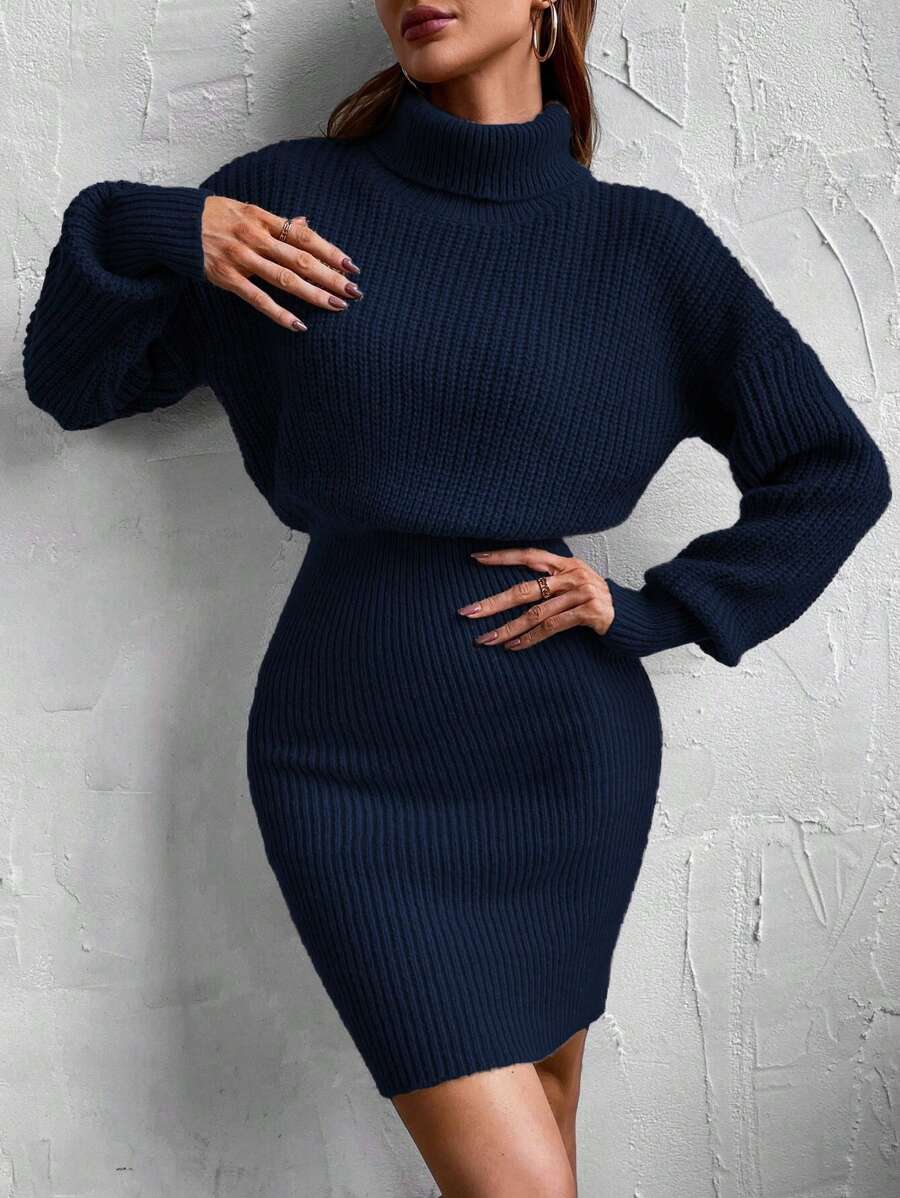 SHEIN Frenchy 高領落肩袖毛衣洋裝 - 藏蓝色 - 查看 1