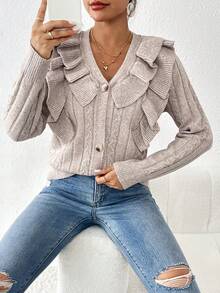 SHEIN Privé 荷葉邊麻花編織開襟衫 - 卡其色 - 查看 6