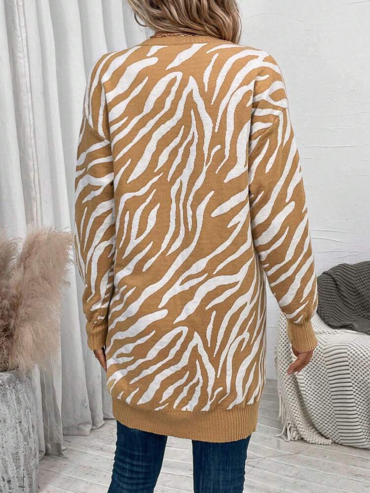 Zebra Striped Pattern Drop Shoulder Duster Cardigan