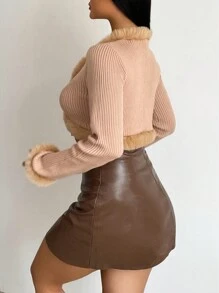 Zolique 毛茸邊前打結短款開衫 - 駝色 - 查看 3